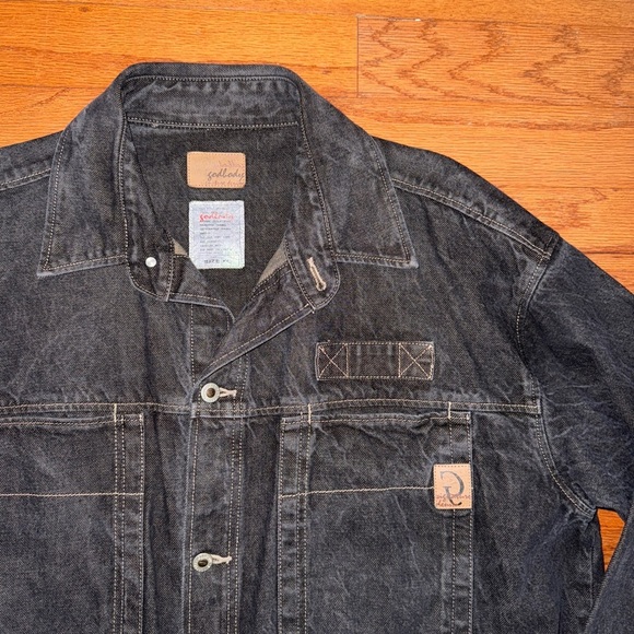 Godbody Denim Jacket 70's Street Wear Embroidered Headset Dice Money Over Sz XL - Picture 3 of 5